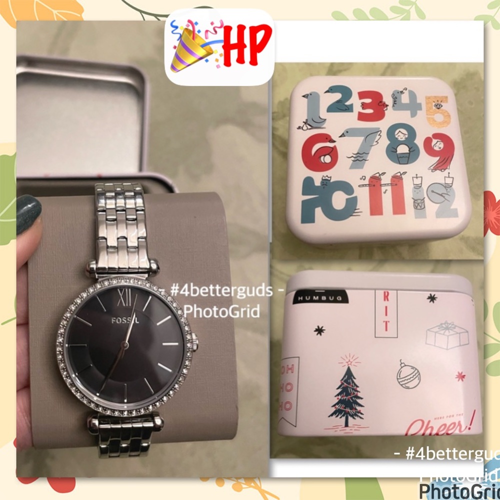 New Fossil Rhinestone Details Stainless Steel Watch Christmas Holiday Cheer Tin